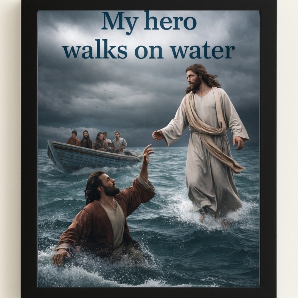 Inspirational 'My Hero Walks on Water'  Art Print In A Glass Front Frame 8x10
